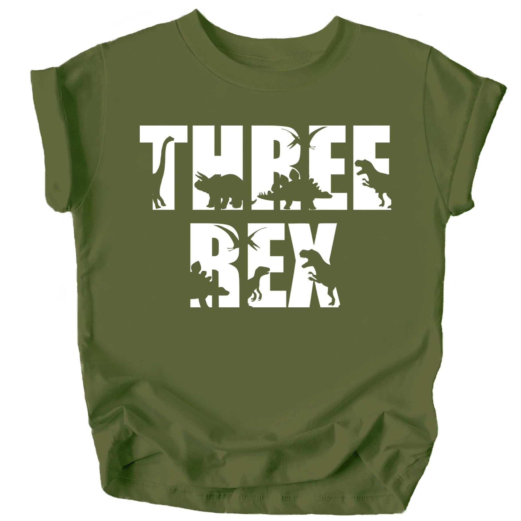 Three Rex third birthday shirt for toddlers displayed flat on military green background