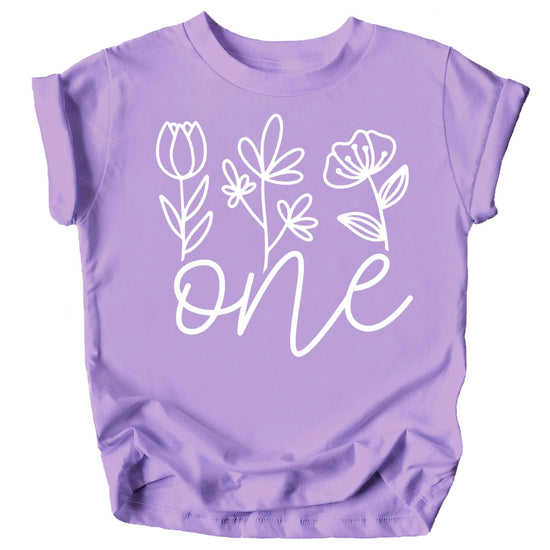 Floral One 1st birthday tee for baby girls on military green shirt, front view