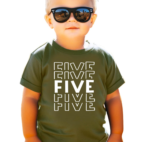 Boy wearing 5th Birthday Explosion raglan shirt in military green and white