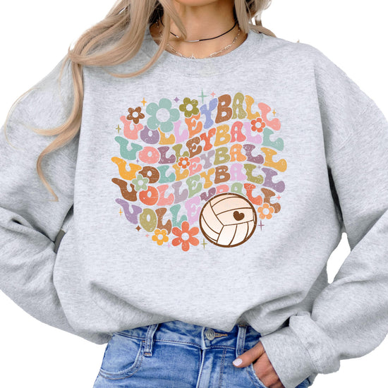 Side view of retro volleyball sweatshirt showing comfortable pullover fit