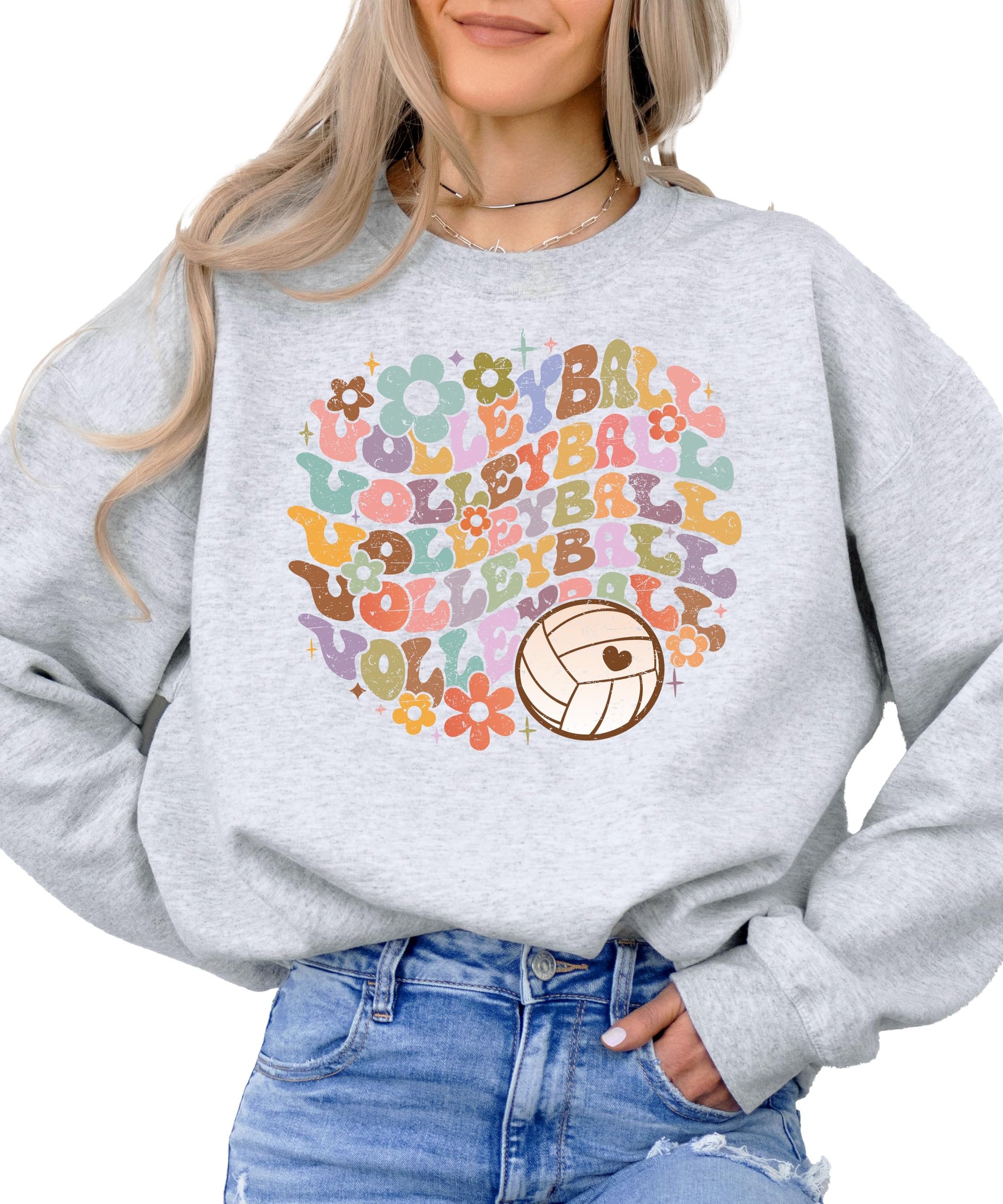 Side view of retro volleyball sweatshirt showing comfortable pullover fit