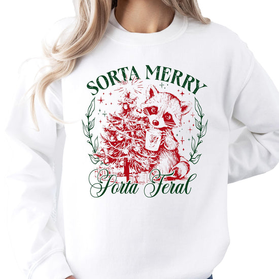 Side or detail view of Sorta Merry Sorta Feral Christmas sweatshirt from Olive Loves Apple