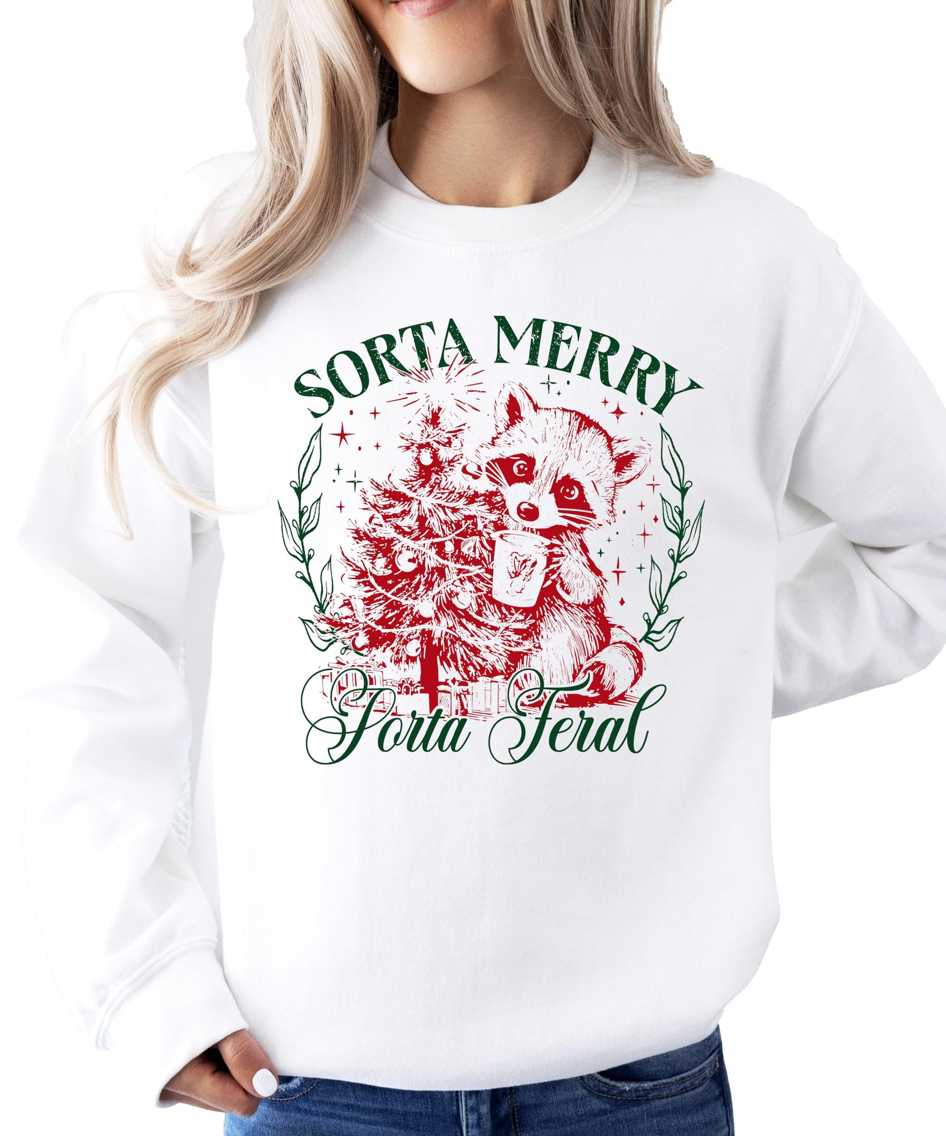 Side or detail view of Sorta Merry Sorta Feral Christmas sweatshirt from Olive Loves Apple