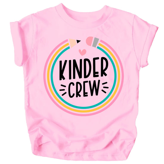 Close-up of Kindergarten Crew pencil design printed on pink youth shirt
