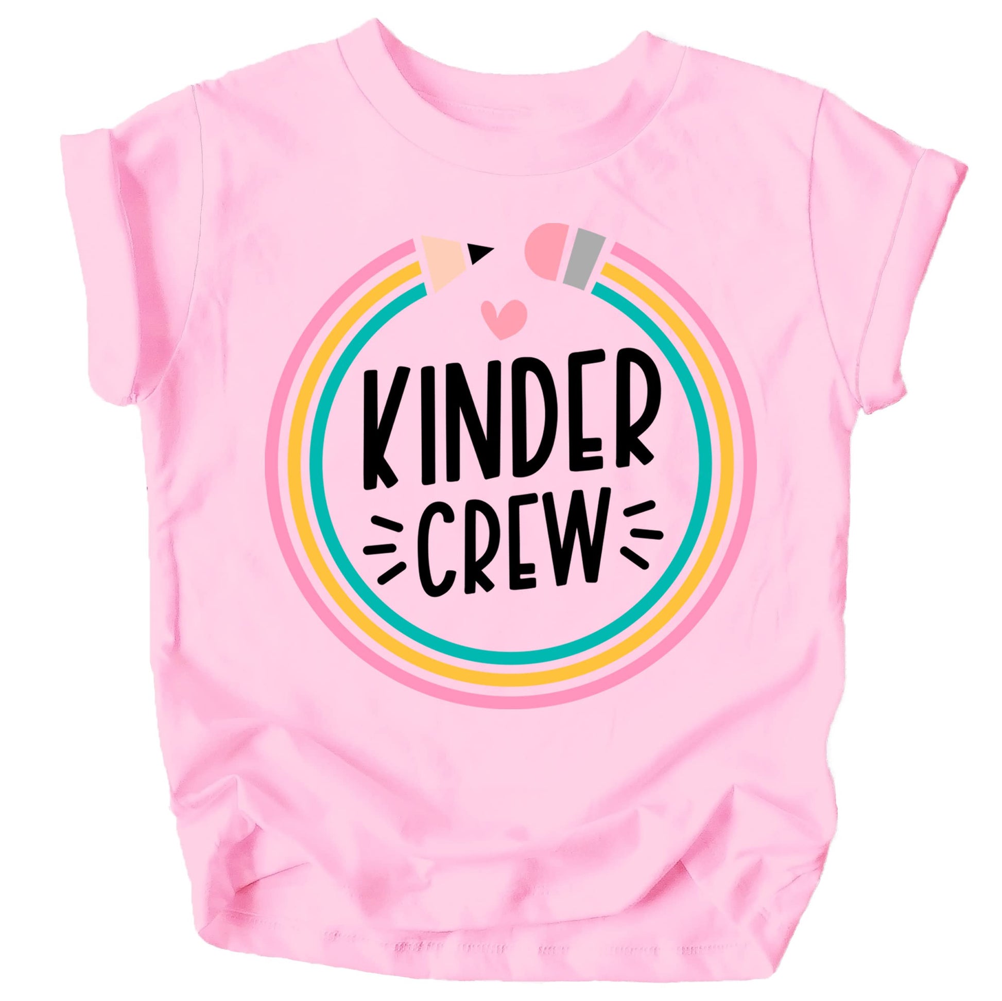 Close-up of Kindergarten Crew pencil design printed on pink youth shirt