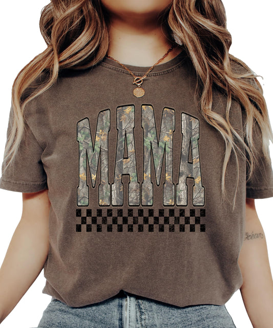 Olive Loves Apple Mama Distressed Camo Shirt - Trendy Checkered Graphic Tee - Camouflage T-Shirt for Mom