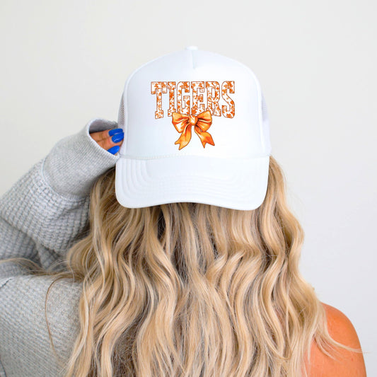 Floral Tigers Trucker Hat for Women & Teens Orange Bow Team Pride Classic 5 Panel Mesh Snapback