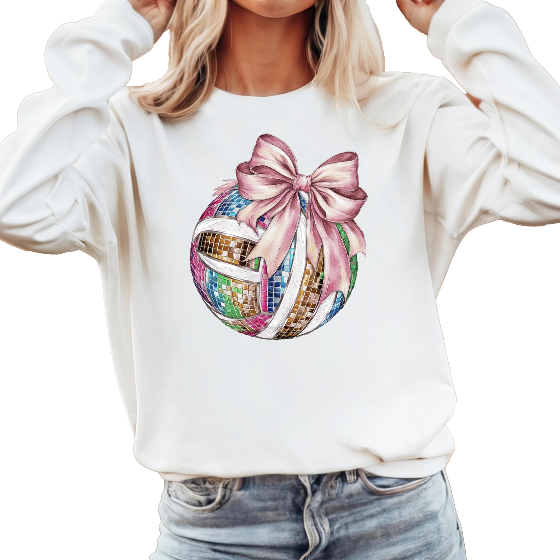 Women's gray volleyball sweatshirt with girly pink bow and disco ball graphic, lifestyle view