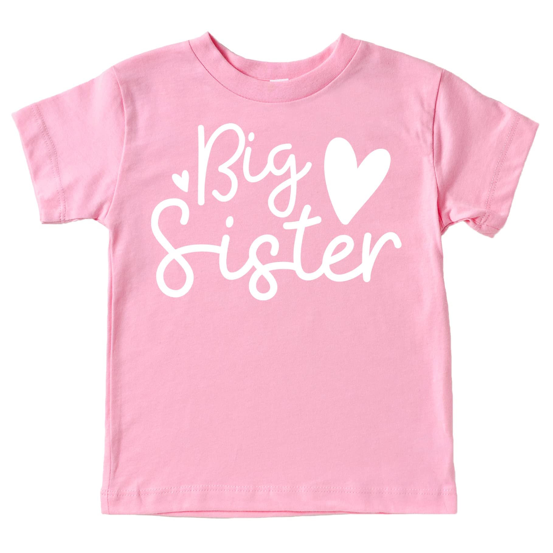 Pink cursive Big Sister Hearts sibling reveal t-shirt for baby and toddler girls by Olive Loves Apple