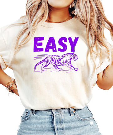 Women's ivory graphic tee with purple Easy Tiger text and running tiger design, front view