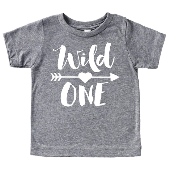 Wild One graphic tee in granite heather with boho arrow design for baby girls