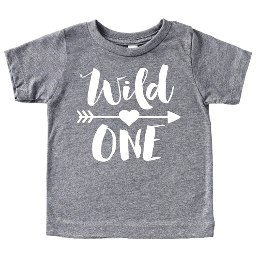 Wild One graphic tee in granite heather with boho arrow design for baby girls