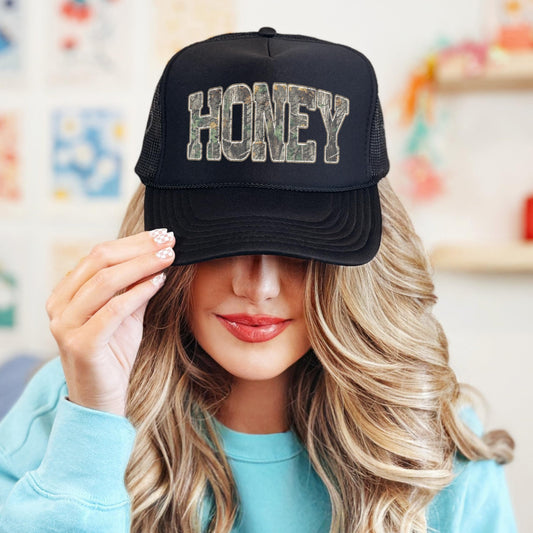 Camo Honey Trucker Hat for Women Trendy Country Girl Classic 5 Panel Foam Front Mesh Snapback