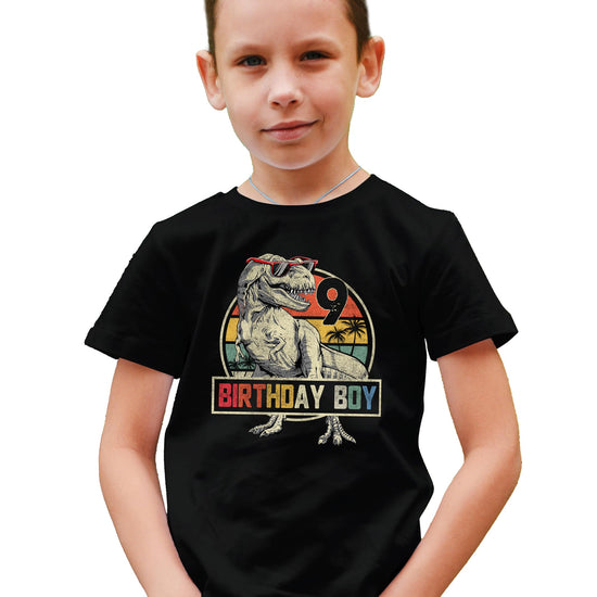 Kids wearing Birthday Boy T-Rex dinosaur shirt for 9th birthday party