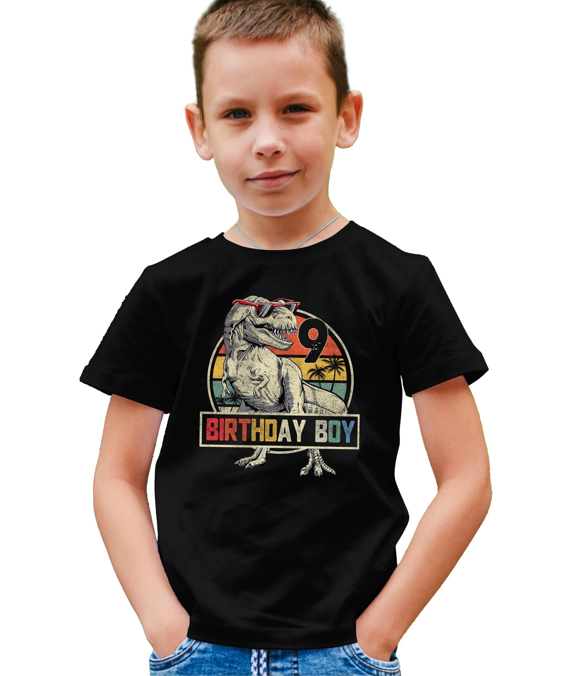 Kids wearing Birthday Boy T-Rex dinosaur shirt for 9th birthday party