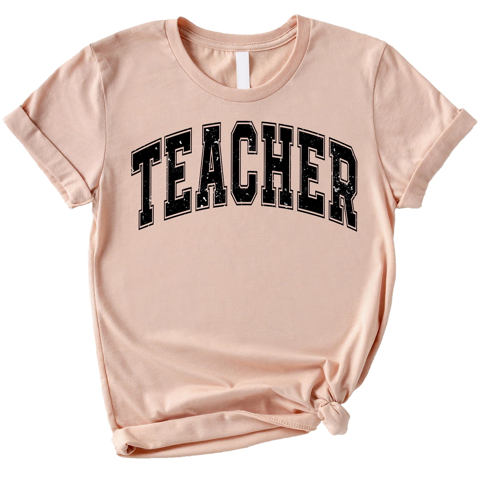 Close-up of teacher varsity t-shirt showing high-quality print detail and fabric texture