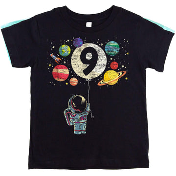 9th Birthday Rocket Astronaut Themed T-Shirts with Moon & Planets for Boys Black Shirt Youth Large