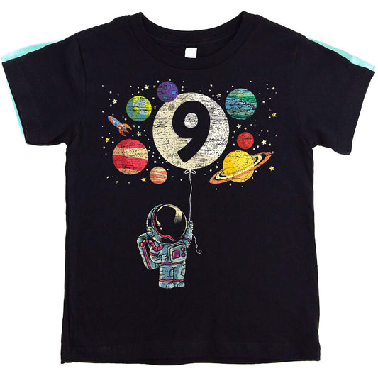 Boys black graphic tee with rocket astronaut moon and planets design for 9th birthday
