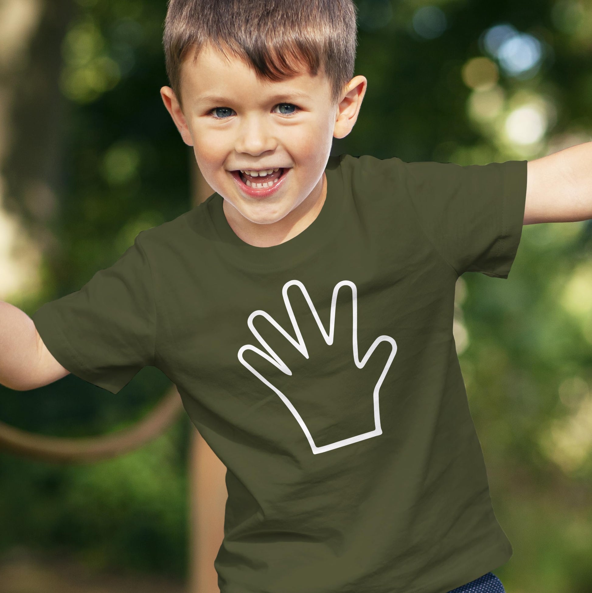 Size and style detail of 5th birthday hand shirt for boys and girls by Olive Loves Apple