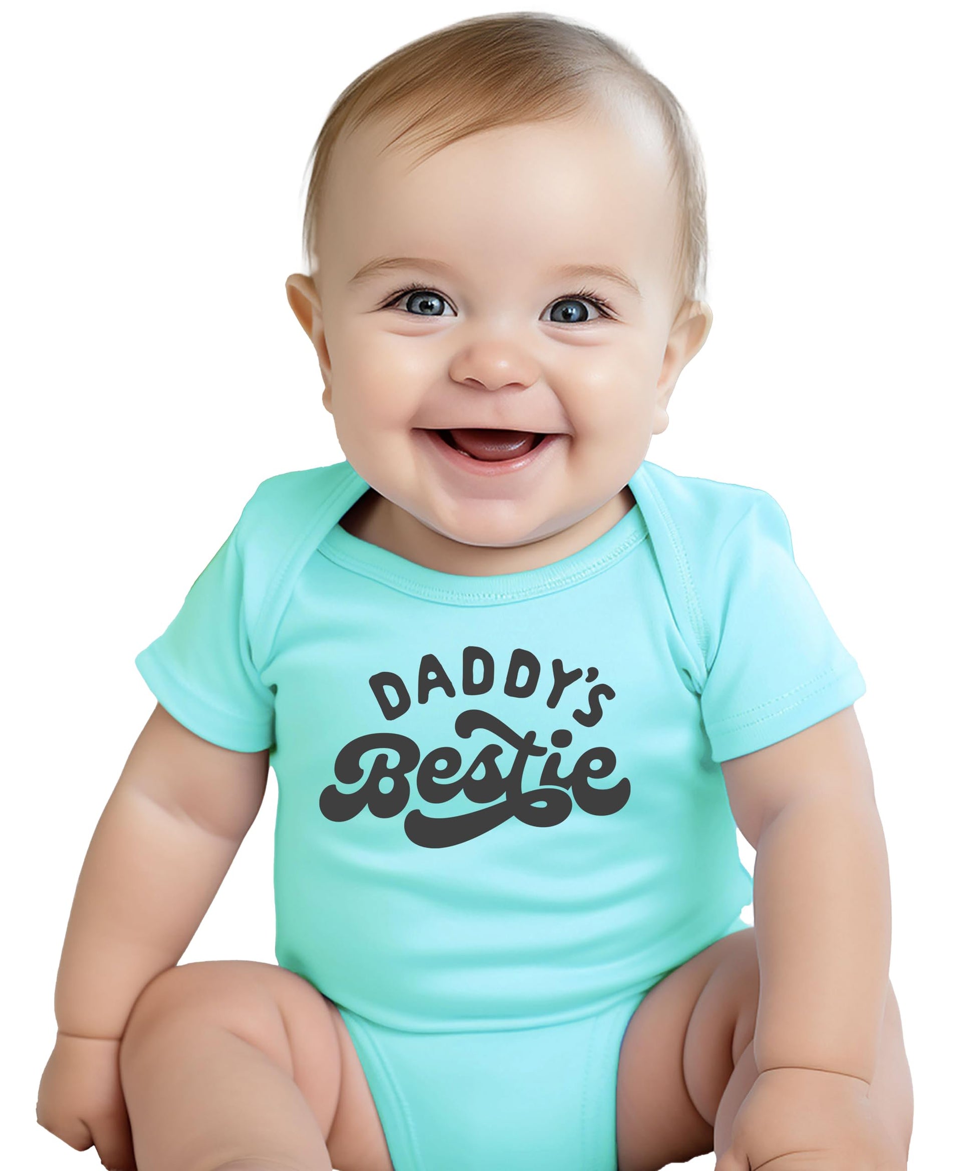 Flat lay of Daddy's Bestie baby bodysuit showing snap closure and full graphic design
