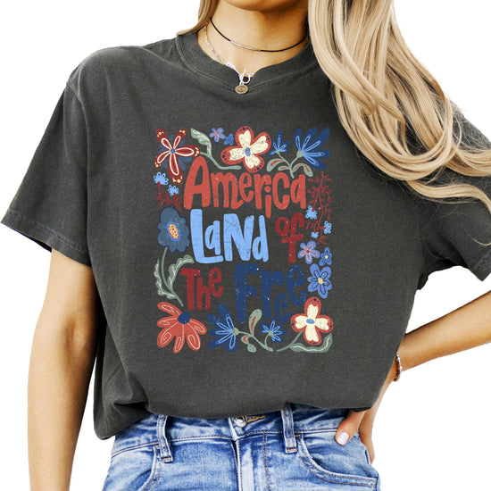 Women's America Land of the Free floral red white and blue patriotic graphic tee front view