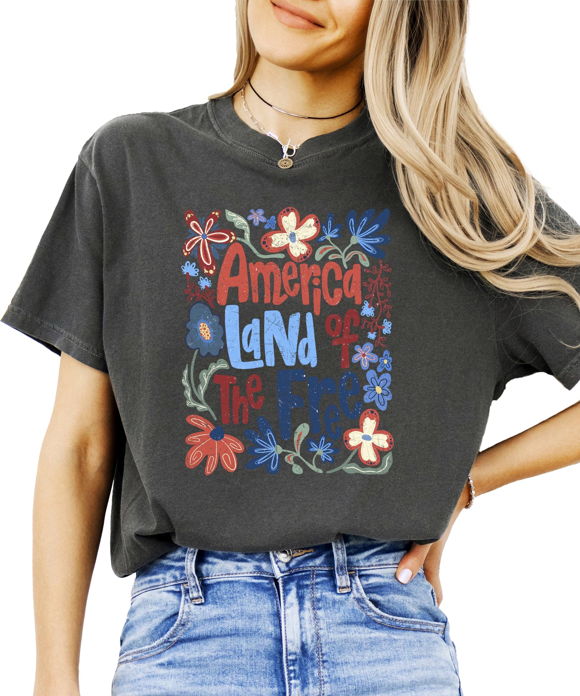 Women's America Land of the Free floral red white and blue patriotic graphic tee front view