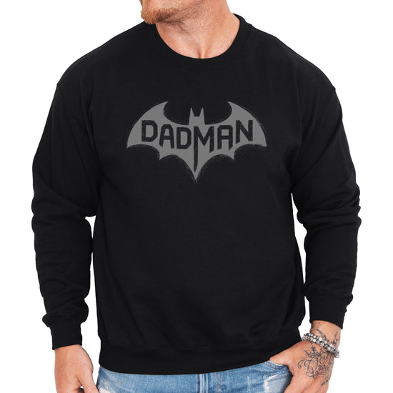 Side or alternate angle of DadMan Hero white graphic sweatshirt for adult men