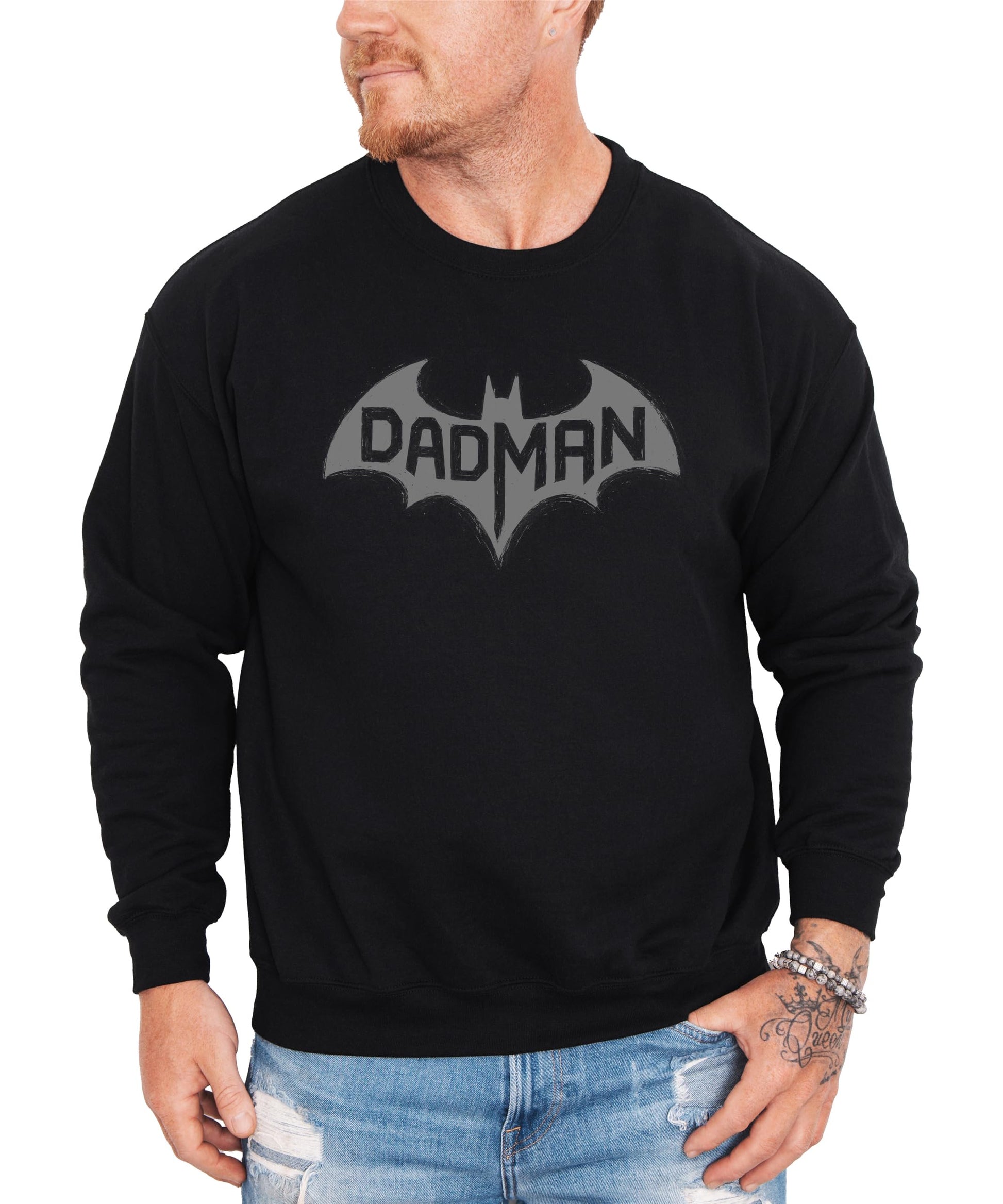 Side or alternate angle of DadMan Hero white graphic sweatshirt for adult men