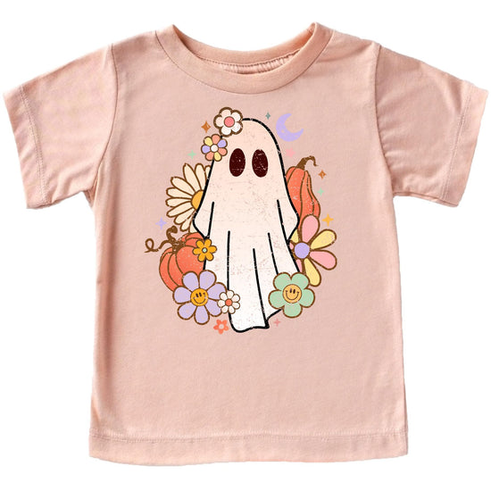 Close-up of retro groovy ghost graphic print on purple toddler Halloween tee