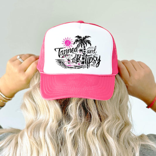 Tanned and Tipsy Trucker Hat Summer Graphic Classic 5 Panel Mesh Foam Front Snap Back