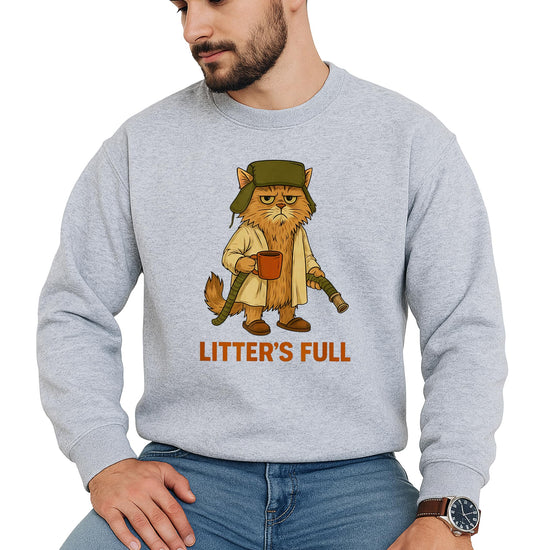 Model wearing Litter's Full gray holiday cat graphic sweatshirt, casual festive style