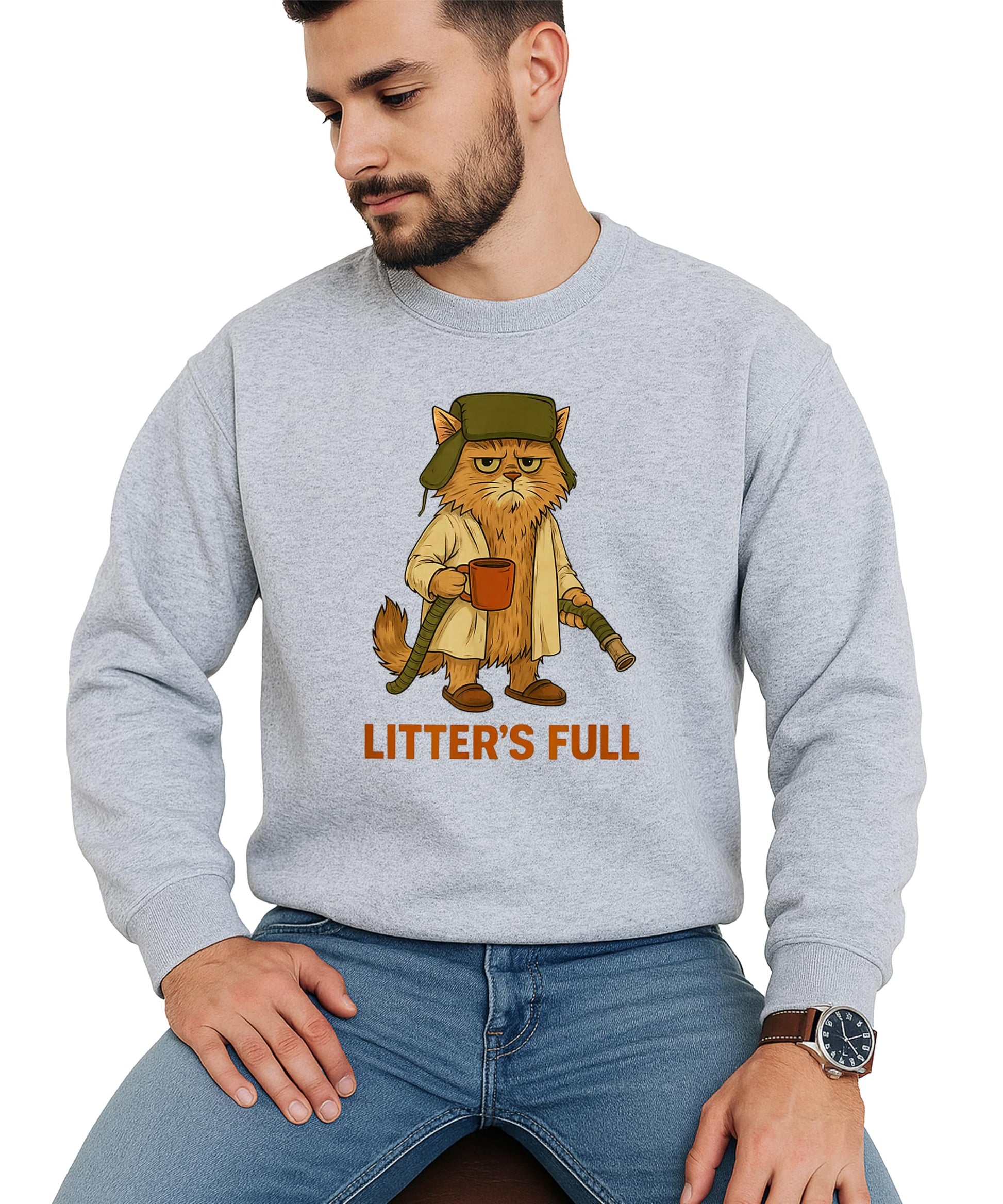 Model wearing Litter's Full gray holiday cat graphic sweatshirt, casual festive style