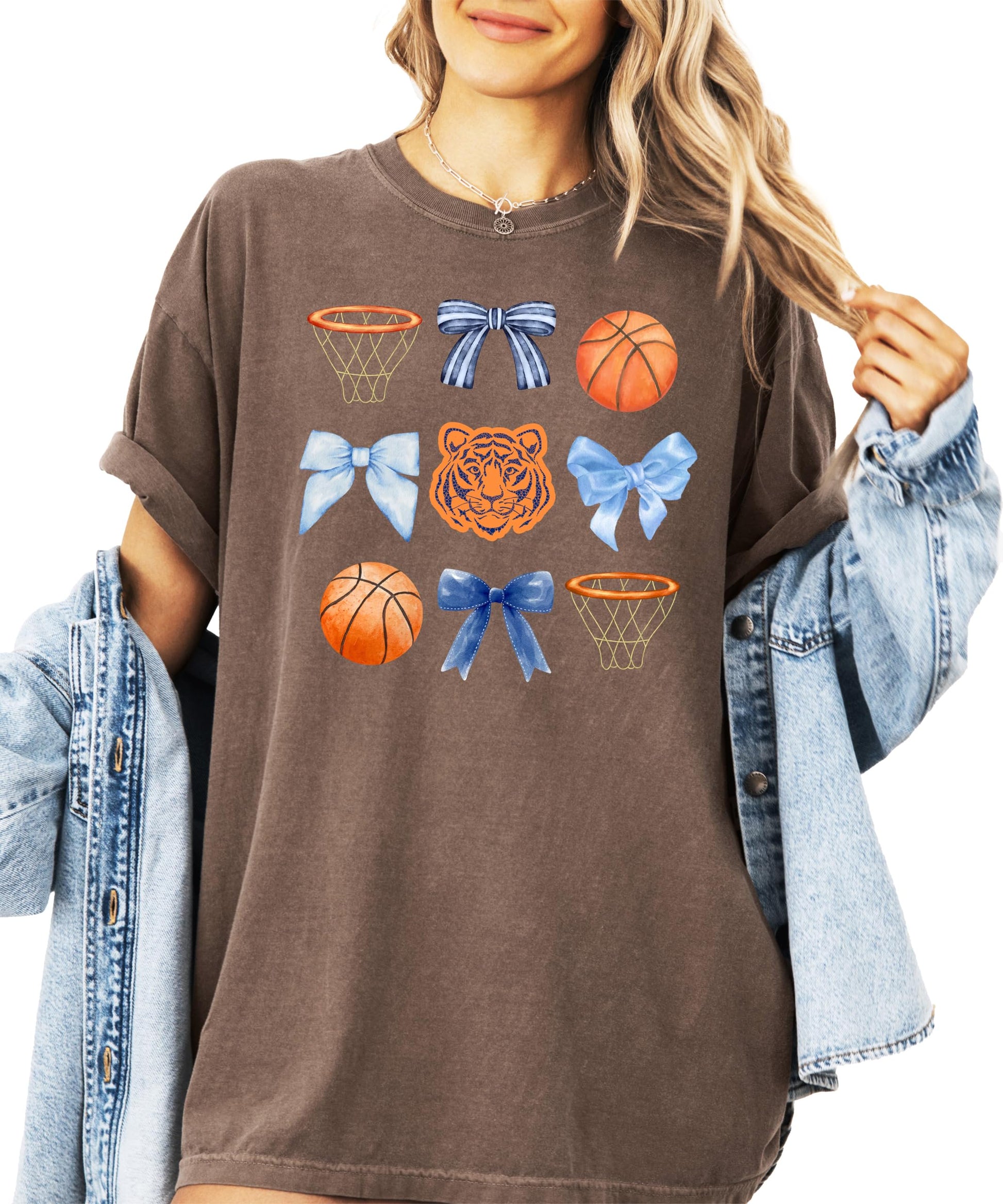Women's ivory Tigers mascot graphic tee with basketball and blue bow design, front view