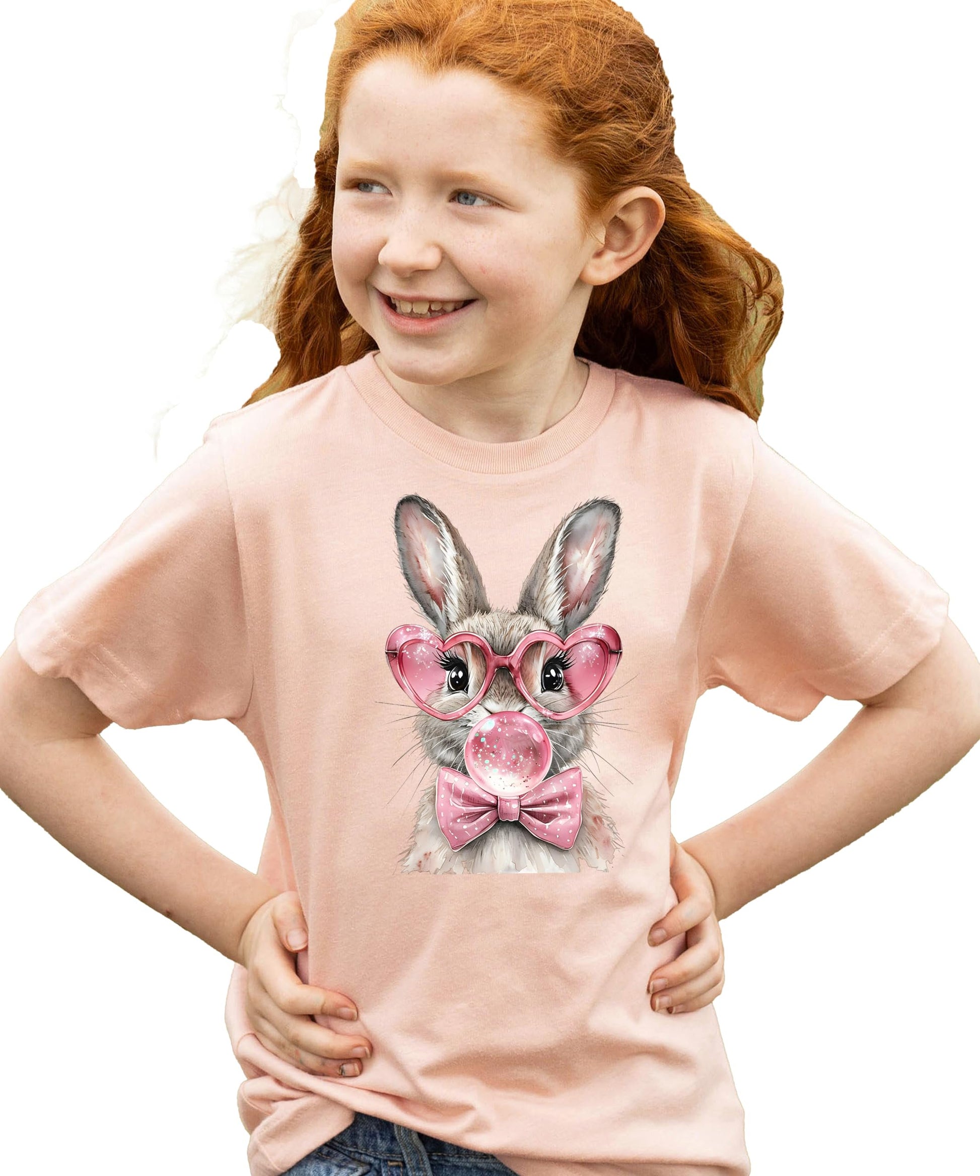 Olive Loves Apple Easter bunny tee for girls laid flat showing full graphic design