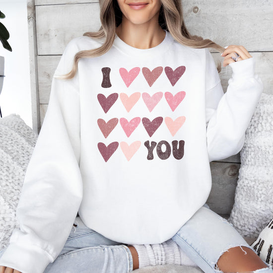 Close-up detail of I Love You Valentine's Day sweatshirt print, vibrant and professionally printed in USA