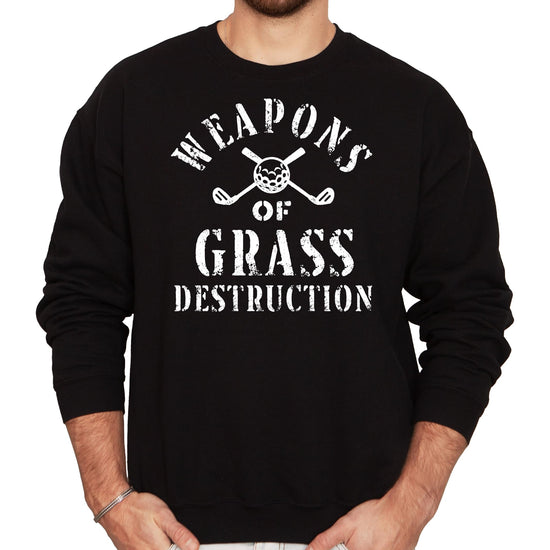 Black men's sweatshirt with Weapons of Grass Destruction golf design featuring crossed clubs