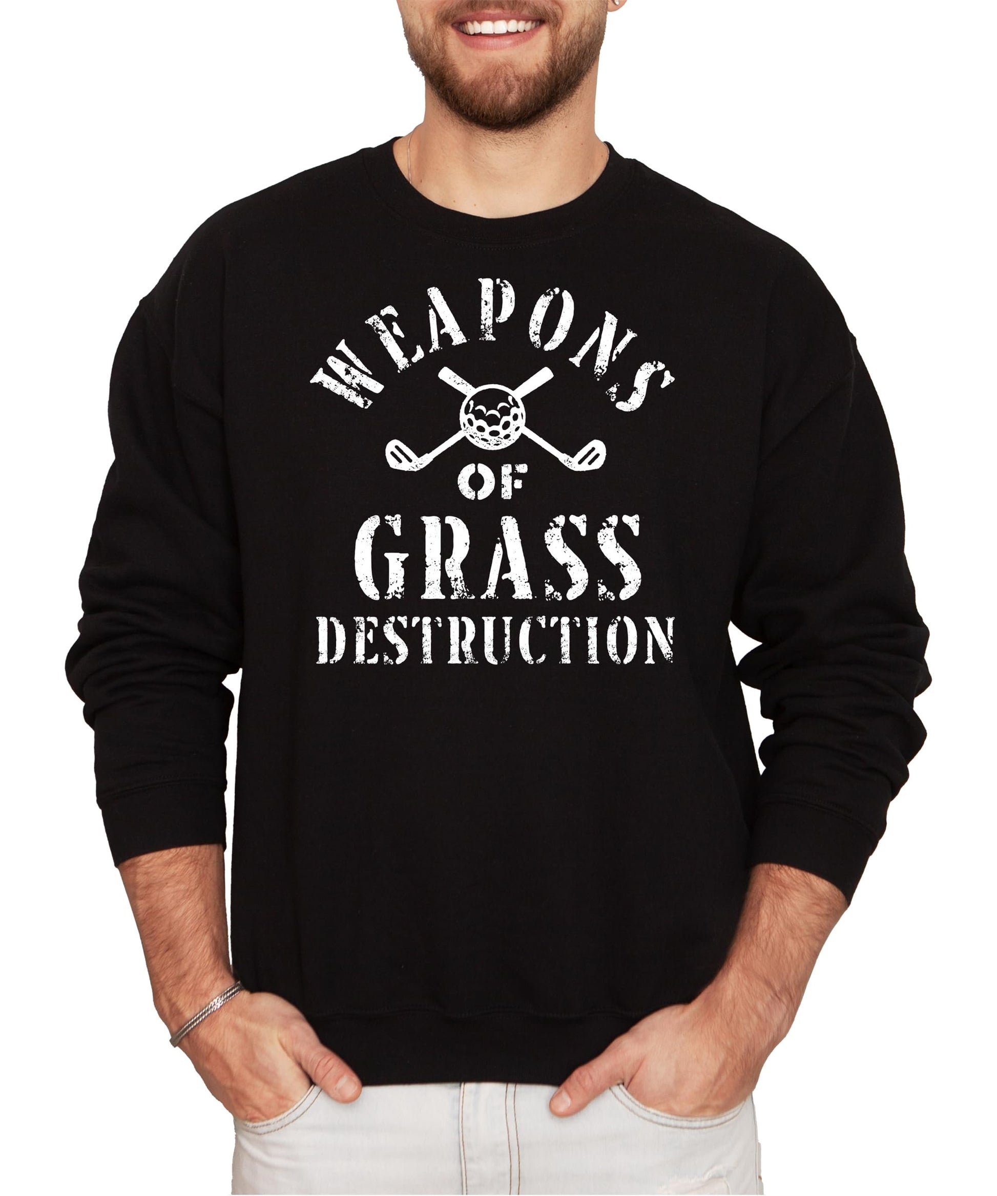 Black men's sweatshirt with Weapons of Grass Destruction golf design featuring crossed clubs