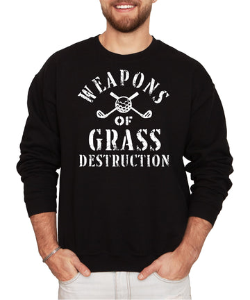 Black men's sweatshirt with Weapons of Grass Destruction golf design featuring crossed clubs