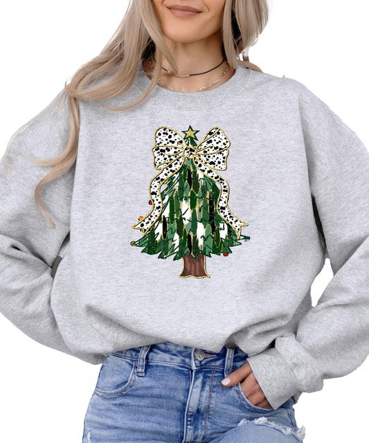 Christmas Tree with Dalmatian Bow and Gold Star Topper Sweatshirt for Women Teens and Kids