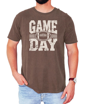 Seafoam green Game Day football graphic t-shirt with vintage distressed lettering