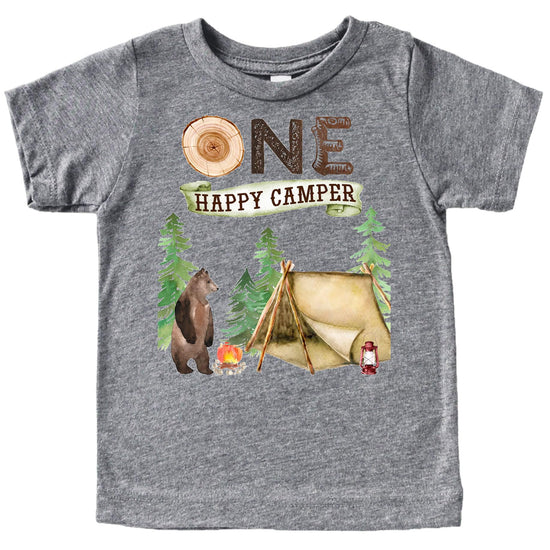 Flat lay of One Fun Camper first birthday shirt in granite heather color