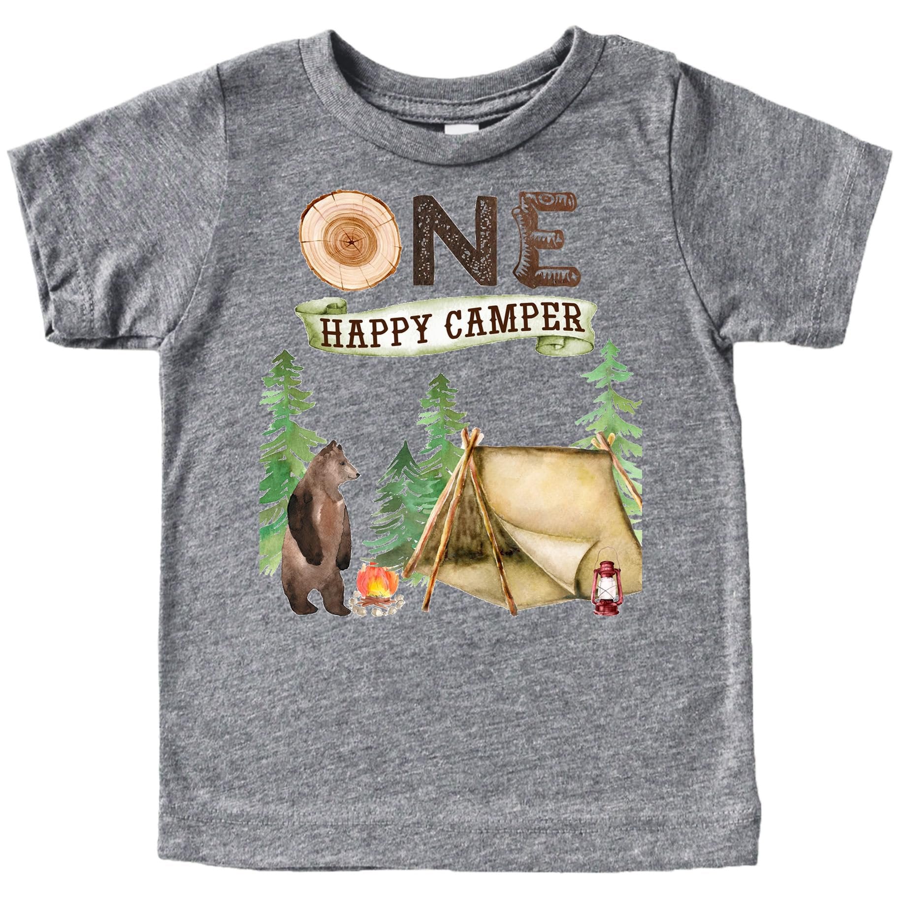 Flat lay of One Fun Camper first birthday shirt in granite heather color