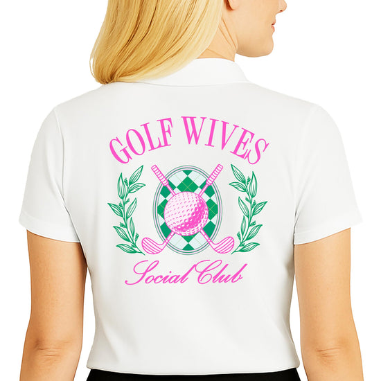 Golf Wives Social Club polo shirt in white worn by woman, short sleeve preppy golf outfit