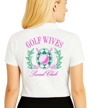 Golf Wives Social Club polo shirt in white worn by woman, short sleeve preppy golf outfit