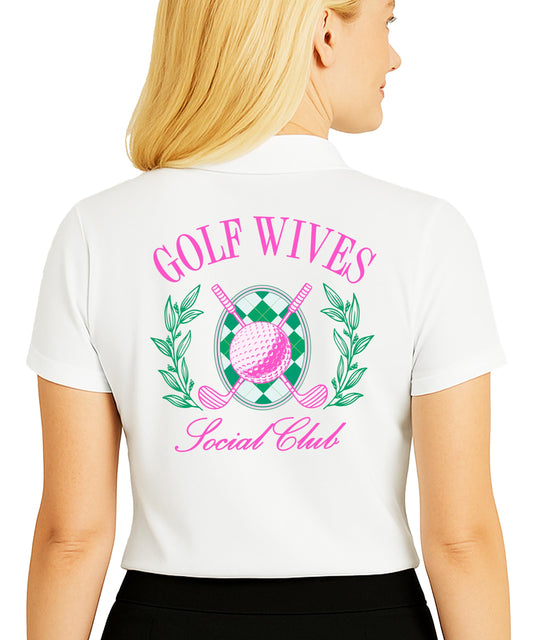 Golf Wives Social Club polo shirt in white worn by woman, short sleeve preppy golf outfit