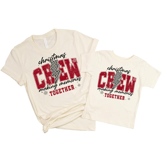 Full view of Christmas Crew 2024 matching family holiday t-shirt in natural color with checkered design