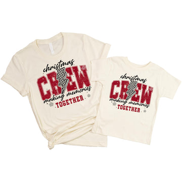 Full view of Christmas Crew 2024 matching family holiday t-shirt in natural color with checkered design