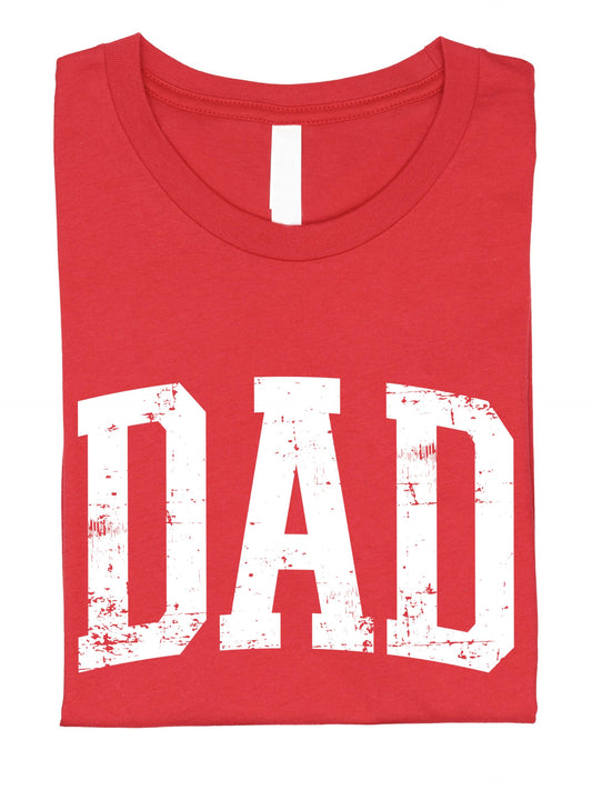 Men's vintage red DAD distressed block letter graphic t-shirt front view