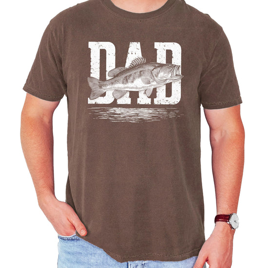 Close-up of fish graphic print on men's dad fishing shirt by Olive Loves Apple