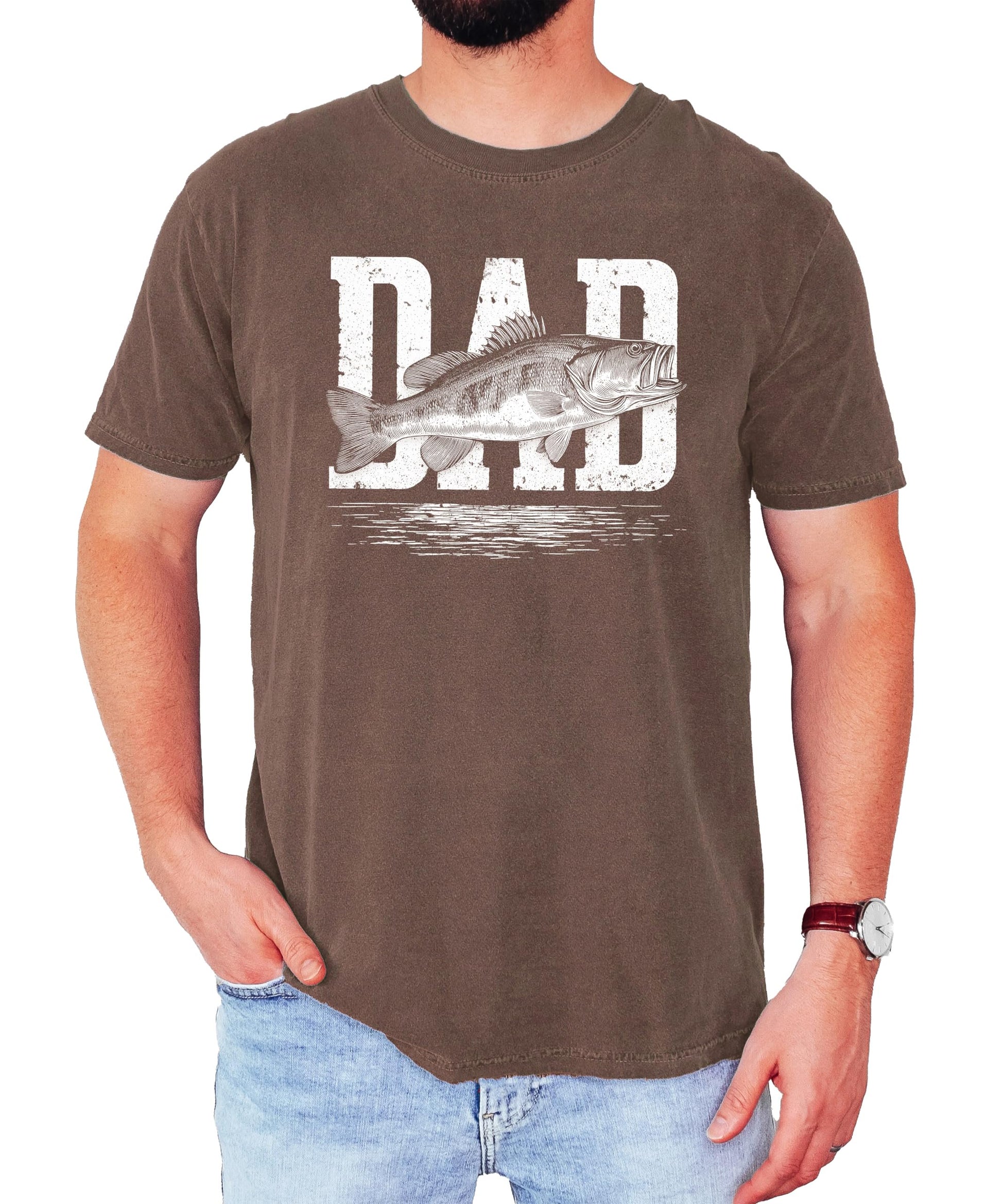 Close-up of fish graphic print on men's dad fishing shirt by Olive Loves Apple